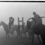 ’50s, shepherds with horses in mountain fog, Romania